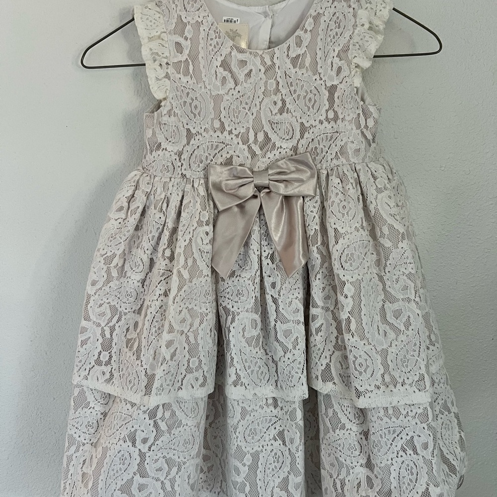 Vintage Laura Ashley Cream Lace Toddler Dress with Satin Bow